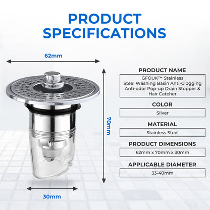 GFOUK™ Stainless Steel Washing Basin Anti-Clogging Anti-odor Pop-up Drain Stopper & Hair Catcher